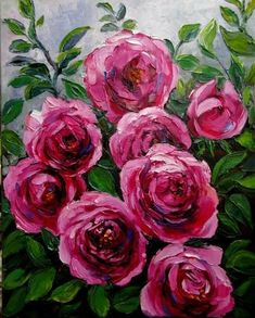 a painting of pink roses with green leaves on a gray background, in an acrylic style