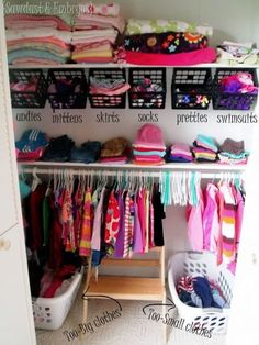 an image of a closet with clothes and other items on the shelves for organization ideas