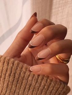 Nail Ideas Oval French Tip, Birthday Nails Almond Scorpio, Oval Nail Inspo Aesthetic, Cinnamon Nail Design, Nails For Brown Hands, Modern French Nail Designs, Brown Hoco Nails, Oval Nail Inspo Acrylic, Brown Tip Acrylic Nails