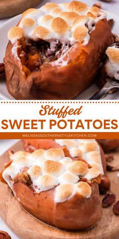 A Thanksgiving dinner recipe featuring baked sweet potatoes! It's a Thanksgiving side dish to impress. Full of brown sugar and pecans plus gooey marshmallows on top, these easy stuffed sweet potatoes are the BEST! Sweet Potato Stuffed, Sweet Potatoes With Marshmallows, Stuffed Sweet Potato, Potato Stuffed, Best Potato Recipes, Stuffed Sweet Potatoes, Baked Sweet Potatoes, Honey Chipotle, Sweet Potato Wedges