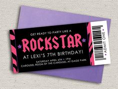 a ticket to rock star birthday party with pink and black stripes on the front, sitting on top of a purple envelope