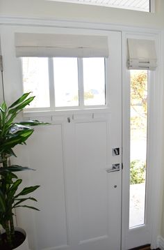 a white door with two windows and a potted plant on the floor next to it