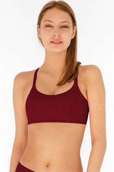 Be able to fully focus on your goals with our fierce style Maroon Red bra. Made from silky smooth, quick dry, stretchy fabric, this stylish yoga bra provides a comfortable lining and freedom of movement. This active sports bra features a strappy criss-crossed design in back that creates a flattering and supportive fit. Fully-lined, it has removable padding for optional shape and coverage. Wear this top for yoga, pilates, spinning and barre classes. Super-soft and comfortable. Cool feel. 4-way st Mommy And Me Swimwear, Sporty Crop Top, Barre Classes, Neon Dresses, Sport Bikinis, Girls Lace Dress, Girls Unique, Mommy And Me Dresses, Red Bra