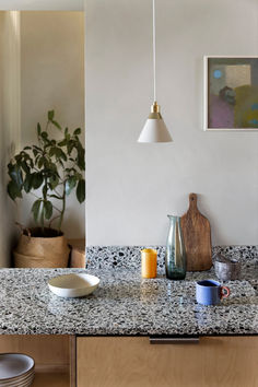 the kitchen counter is clean and ready to be used for breakfast or dinnertimes