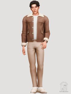 an animated man wearing a brown jacket and tan pants