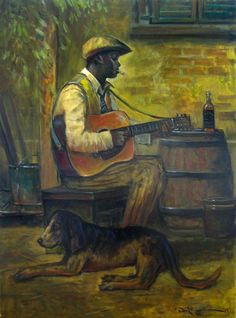 a painting of a man playing the guitar next to a dog