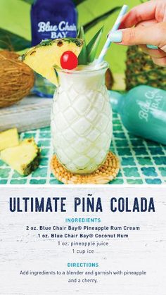 a pineapple drink with a cherry on top and the words ultimate pina cola