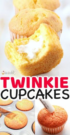 some cupcakes are sitting in a muffin tin with the words twinkie cupcakes on it