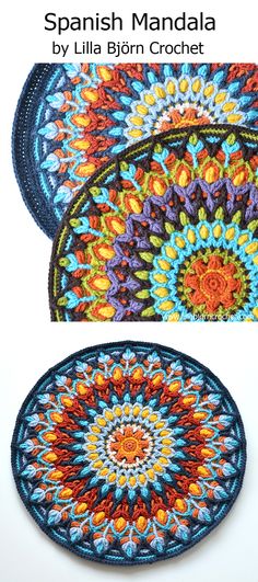 three circular crocheted coasters with different colors and designs on them, one is blue