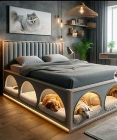 a bed with two dogs sleeping in the bottom beds and one dog laying on top