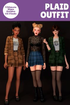 three women in short skirts and tights standing next to each other with the words plaid outfits