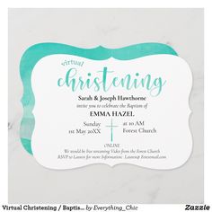 Virtual Christening / Baptism new Baby Invitation Cards. Change in plans for your Baby Shower, Baptism, or Christening? Simple modern chic custom Invitation Card for a Zoom Call or on the Location - fully text changeable for your flexibility. With chic Typography with turquoise Design. #virtualchristening #christening #ichristeningnvitation #baptism #christianity #religiouscelebration #babyshower #babyname #babycelebration #zoom #babyinvitation #church #zoomparty Chic Typography, Turquoise Design, Zoom Call