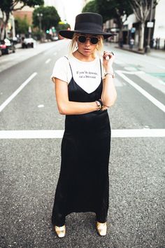 Layer your black slip dress over a white tee for a casual fall outfit like @kristenritchie! #falloutfits Slip Dress With Tshirt, Dress With Tshirt, Black Slip Dress Outfit, Slip Dress Outfit, Casual Fall Outfit, Maxi Dress Outfit, Relaxed Outfit, Black Slip Dress, Match Made In Heaven