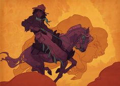 a man riding on the back of a horse next to a red cloud filled sky