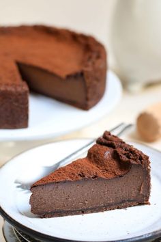 a slice of chocolate pie on a white plate