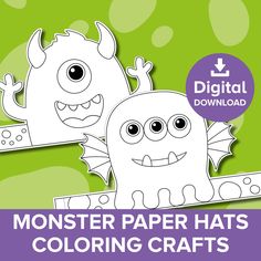 two monster paper hats with the text,'monster paper hats coloring crafts'in purple and