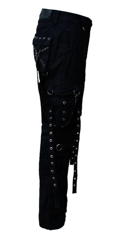 Long black pants in gothic style. The pants are made of solid denim fabric in cargo cut. The side and leg pockets are decorated with eyelets and empire rivets. Even the hanging fabric tapes have such rivets. Gothic Cotton Jeans For Streetwear, Edgy Cotton Cargo Jeans With Belt Loops, Black Gothic Jeans For Alternative Fashion, Alternative Cargo Pants For Concerts, Cotton Pants With Pockets For Concert, Gothic Black Cargo Pants For Alternative Fashion, Emo Black Pants With Belt Loops, Black Emo Pants With Belt Loops, Punk Style Cargo Pants With Pockets For Concert