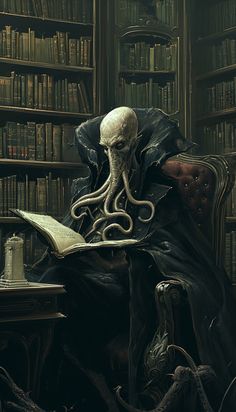 an octopus sitting in a chair reading a book