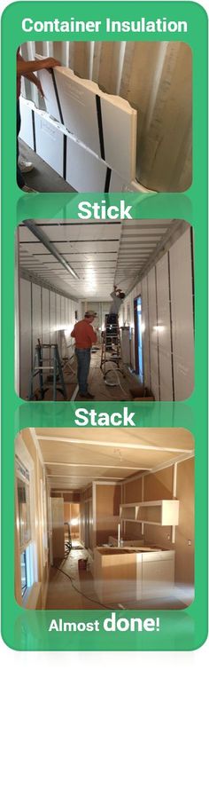 three pictures showing different types of cabinets in an empty room with the words stick, stack and almost done