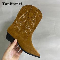 Luxury Quality Chelsea Boots Woman Cow Suede Embroidery Rivet Western Boots Pointed Toe Slip-On Chelsea Boots Woman, Suede Embroidery, Boots Woman, Boots For Short Women, Chelsea Boots Women, Western Boots, Chelsea Boots, Womens Boots, Chelsea