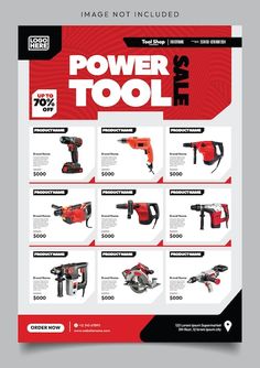 the flyer for power tool sale is shown in red and black with different tools on it