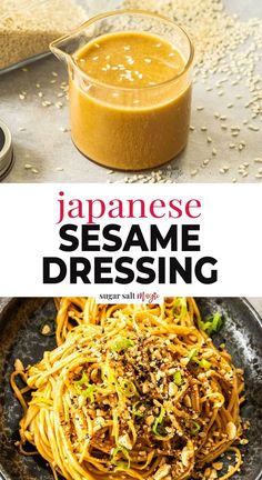 japanese sesame dressing on a plate next to a bowl of noodles