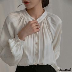 Olivia Mark - Vintage Stand Collar Lantern Sleeve Shirt in White Satin with Pleated Details Relaxed Clothing, Lantern Sleeve Shirt, Vintage Stand, Sleeve Stencil, Blouses Vintage, Relaxed Outfit, Fleece Dress, Bodycon Maxi Dresses, Long Sleeve Knit Tops