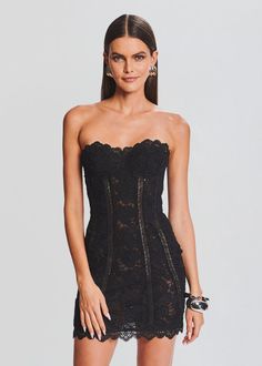 Paris Lace Short Dress – Retrofete Luxury Ruffled Mini Dress For Night Out, Luxury Mini Dress With Feather Trim For Party Season, Luxury Glamorous Mini Dress With Beaded Straps, Short Lace Cocktail Dress, Hot Black Dress Short Lace, Short Black Dress Gold Accessories, Retrofete Dress, Lace Short Dress, Preppy Inspo