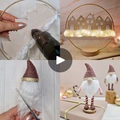 a collage of photos with gnome figurines