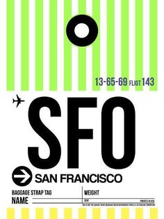 the san francisco airport sign is shown in green and yellow stripes, with an airplane flying overhead