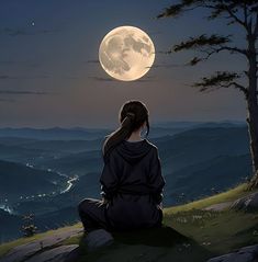 a woman sitting on top of a hill looking at the moon in the night sky