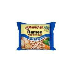 ramen noodles with meat and vegetables on the side, in a blue plastic bag