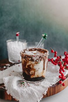 an ice cream sundae on a wooden platter