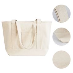 an image of a canvas tote bag with three different images showing the inside and outside