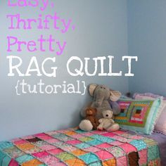 a stuffed animal sitting on top of a bed next to a pillow and blanket with the words crochet pretty rag quilt