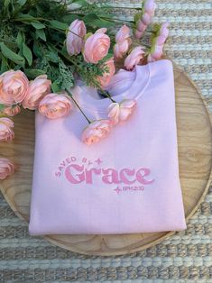 Pink Saved by Grace Embroidered Sweatshirt Faith Based Sweatshirts, Cute Sweatshirt Ideas, Cute Christian Sweatshirts, Christian Boutique, Embroidery Machine Ideas, Crunchwrap Recipe, Church Merch, Modest Christian Clothing, Christian Gift Ideas