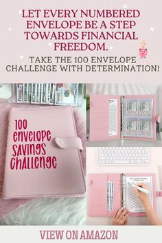 a pink notebook with the words,'100 envelope savings challenge'written on it