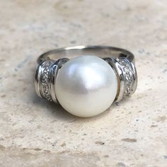 Estate 18KT White Gold Freshwater Pearl + Diamond Ring Size 6.75, Estate 18KT White Gold Freshwater Pearl + Diamond Ring Size 6.75 - Legacy Saint Jewelry Pearl Diamond Ring, Saint Jewelry, Anniversary Wedding Band, Pearl And Diamond Ring, Gold Band Ring, White Freshwater Pearl, White Gold Band, Pearl Diamond, Gold Band