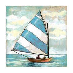 a painting of a sailboat in the ocean with blue and white stripes on it