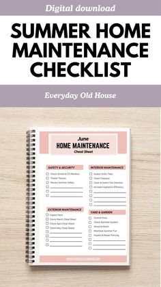 a printable summer home maintenance checklist on a wooden table with text overlay