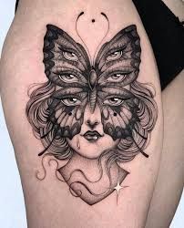 Butterfly Goddess Tattoo, Trippy Tattoos For Women, Creepy Butterfly Tattoo, Butterfly Eyes Tattoo, Eye Butterfly Tattoo, Butterfly With Eyes Tattoo, Butterfly Eye Tattoo, Trippy Butterfly Tattoo, Butterfly Face Tattoo