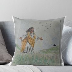 a drawing of jesus with birds in the background throw pillow