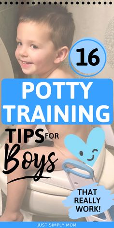 a young boy sitting on top of a toilet with the words potty training tips for boys