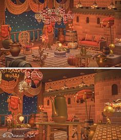 two pictures of a living room and dining area in an animated style, each with different furniture