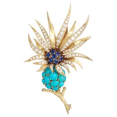 Spectacular and highly collectible 1950s brooch by Pierre Sterlé designed as flower in full bloom and featuring round blue sapphires, cabochon turquoise and round brilliant-cut diamonds, all set in 18 karat yellow gold. The brooch showcases many of the signature features of celebrated Sterlé mid-century jewelry design. It is signed Sterle Paris, numbered, with French hallmarks and makers mark. Known as the "couturier of jewelry,” Pierre Sterlé was inspired by the asymmetry of the natural world. Sterle Jewelry, Turquoise Jewellery, Gold Brooch, Turquoise Flowers, Mid Century Jewelry, Diamond Brooch, Gold Brooches, Crown Jewels, Diamond Gold