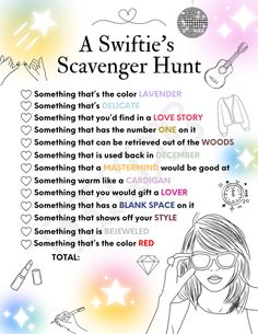 a poster with an image of a woman in glasses and the text, a swiffie's scavenger hunt