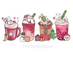 three cups filled with different types of drinks and christmas decorations on top of each other