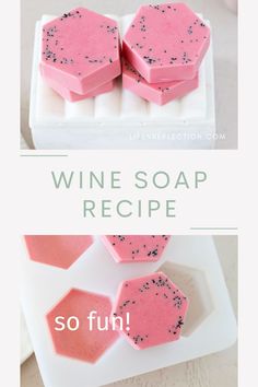 the recipe for wine soap is shown in three different pictures, one with pink and black sprinkles on it