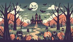 a halloween scene with pumpkins, bats and a castle in the background at night