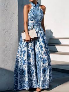 Trendy fall outfits, aesthetic outfits, dress to impress, floral outfits, 2024 fall outfits, fat lady outfits, mom to be outfits Halter Long Dress, Floral Print Party Dress, A Line Long Dress, Pleated Neckline, Bohemian Dresses, Bohemian Maxi Dress, Retro Blue, Vintage Floral Print, Style Office